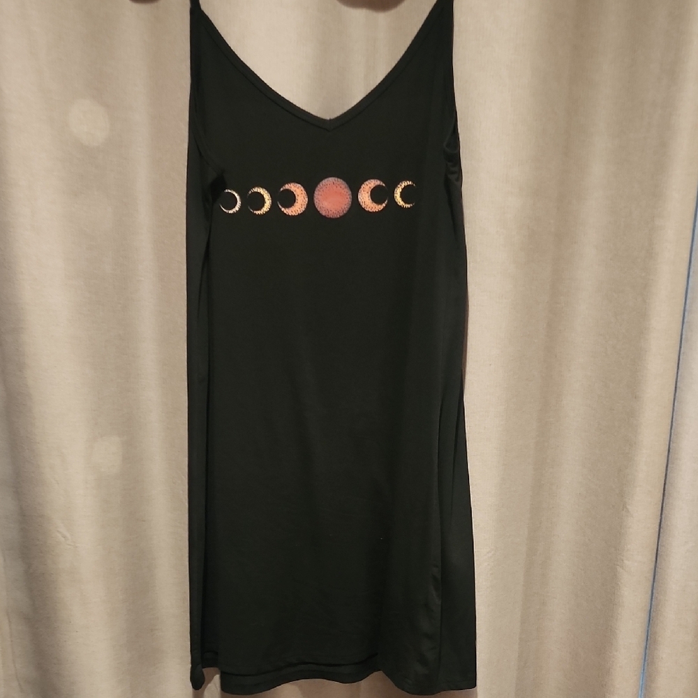 SHEIN Black Slip Dress with Metallic Gold and Rose Moon Motif